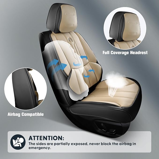 AOOG Seat Covers Custom Fit for Dodge Ram 1500/2500/3500 2002-2026 Faux Leather Seat Cover Set Compatible with Crew, Regular, Quad, Mega Cab, Waterproof Car Truck Cushions(BeigeBlack, Front Seat)