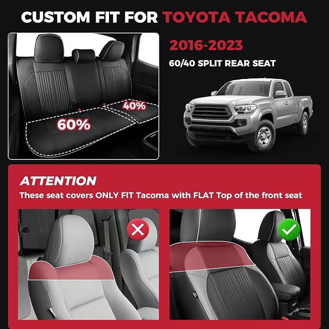 FREESOO Leather Car Seat Covers Fit for Toyota Tacoma 2016-2023 Full Coverage Seat Cover for Double/Crew Cab SR/SR5/Limited/TRD Pro/TRD Sport, Pickup Truck Seat Covers (5 Seats, BlackGrey)