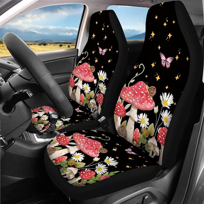 Mushroom Car Interior Accessories Set 18 Pcs Mushroom Print Car Seat Covers Full Set with Car Trash Can Car Headrest Covers Steering Wheel Cover Armrest Box Pad Handbrake Cover Universal