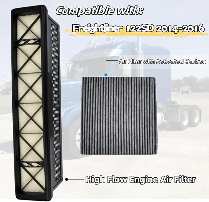 High Flow Engine Air Filter with P609422 Air Filter with Activated Carbon Compatible with Freightliner Cascadia 2008-2017,122SD 2014-2016,Coronado 2010-2016 Replaces AF27879 P609422