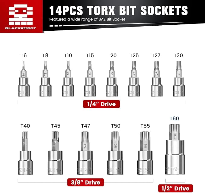 BLACKROBOT 67-Piece Master Torx Bit Socket and E-Torx Socket Set + 14-Piece Torx Bit Socket Set T6-T60