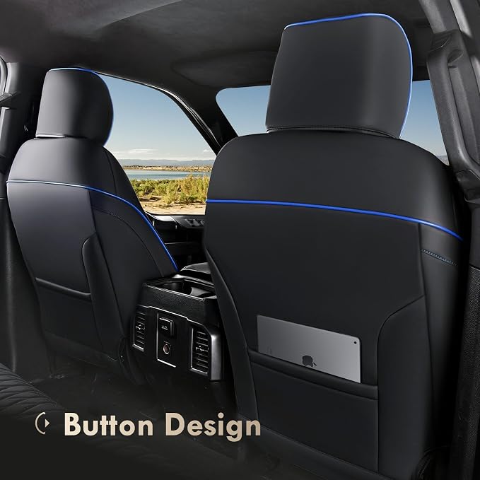 Coverado Leather Ford F150 Seat Covers Full Set, Automotive Seat Covers for Pick-up Truck, Waterproof Cushion Cover for 2015-2026 F150 and 2017-2026 F250 F350 F450 (Blue line)
