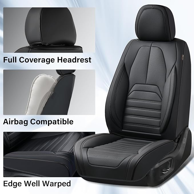 Coverado Seat Covers, Car Seat Covers Front Seats, Automotive Seat Covers, Waterproof Nappa Leather Car Seat Cover, Car Seat Cushion, Black Seat Covers Carseat Cover Universal Fit for Most Cars