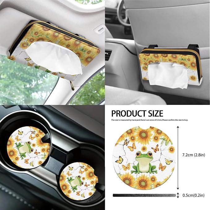 Poceacles Frog Butterfly Sunflower Car Accessories Full Set, Car Seat Covers Set Auto Front Rear Seat Protector Keychain Cup Holder Steering Wheel Cover Seat Belt Pad Tissue Box Lipstick Cover, 13PCS