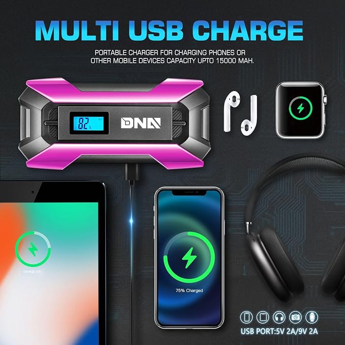 ‎DNA Motoring TOOLS-00268 12V 1500A 15000 mAh Multi-Function Portable Car Battery Jump Starter for Up to 7.0L Gas & 5.5L Diesel Engine, with Carry Case, Purple