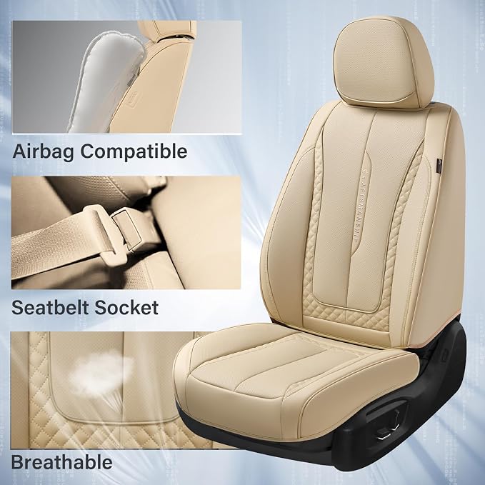 Coverado Car Seat Cover Front Seat, Beige Seat Covers Front Seats, Nappa Leather Waterproof, Car Seat Cushion, Car Seat Protector Universal Fit Most Cars