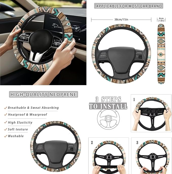 Boho Tribal Car Seat Covers Set of 15 with Universal Steering Wheel Cover, Rearview Mirror Cover, Car Trash Can, Seatbelt Pads, Cup Holder Coasters, Keychains