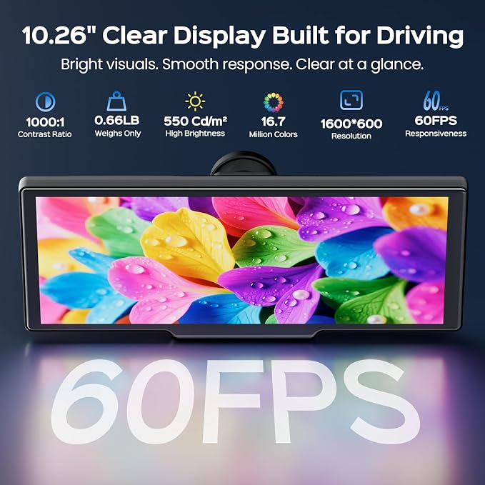 TECXERLLON 10.26" Portable Apple CarPlay Screen for Car, Wireless Car Play & Android Auto, 4K Dash Cam and 1080P Backup Camera, OTA, GPS Navigation, Voice Control, Mirror Link