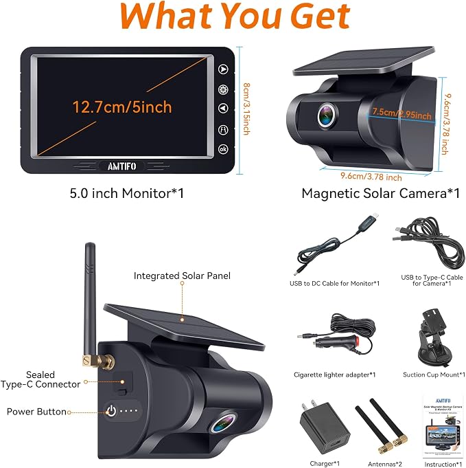 Wireless Backup Camera Magnetic Solar: Install-Free Bluetooth Strong Signal - 5in 1080P Scrath-Proof Rechargeable Wireless Rear View Camera for Trucks RVS Trailer Cars A26