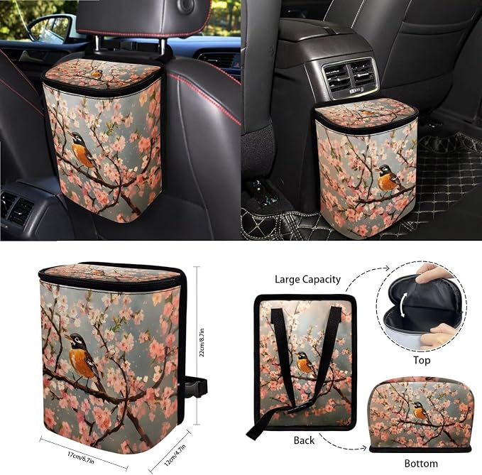 Robin Bird Cherry Blossom Pattern Car Seat Covers Full Set Steering Wheel Cover Seatbelt Covers Keychain Coasters Trash Bin Air Outlet Pocket Rearview Cover, 15pcs Car Interior