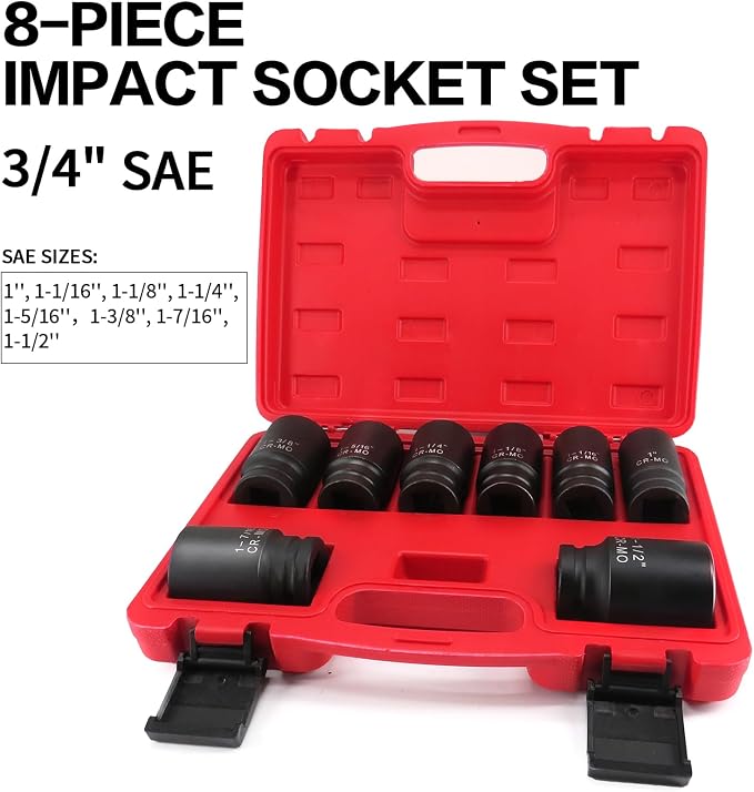 TONYNOL 3/4 Inch Drive Deep Impact Socket Set,6-Point,SAE(1"to 1-1/2"),8 Pcs,Cr-Mo.Heavy Duty Impact Socket Set.