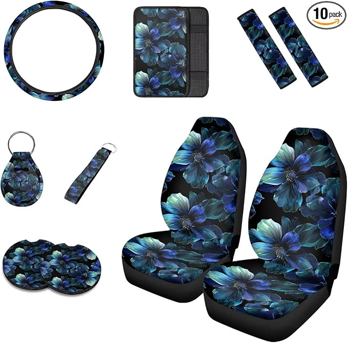Howilath 10 Packs Blue Hibiscus Flower Car Front Seat Cover with Interior Accessories Steering Wheel Cover/Seatbelt Pads/Keychain/Armrest Cushion/Coasters