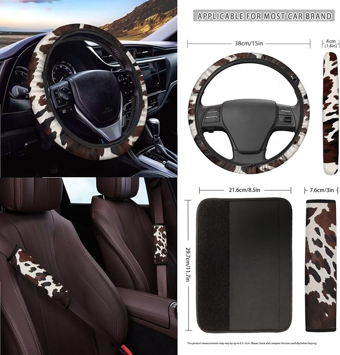 Wanyint Black Brown Cow Print 15 Pieces Car Seat Cover Set with Auto Steering Wheel Cover Seat Belt Strap Protector Cup Holder Trash Bag Air Vent Storage Pocket Rear View Mirror Protector Keychain