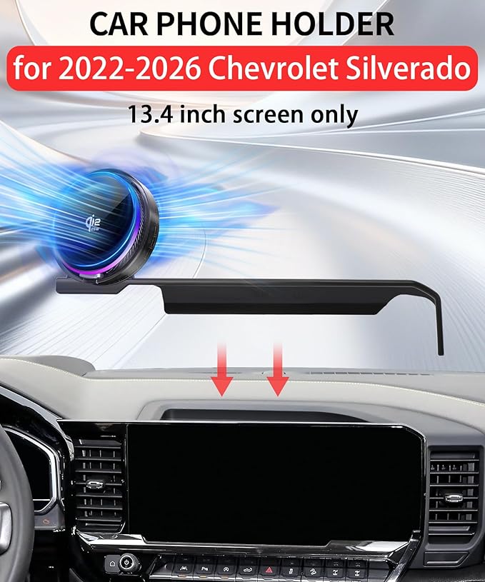 Qi2.2 25W Magnetic Car Mount Charger for 2022-2026 Chevrolet Silverado 1500/2500/3500 Accessories, for Fast Charging Cell Phone Holder 13.4 Inch Screen Fixed Clip with Cooling Fan