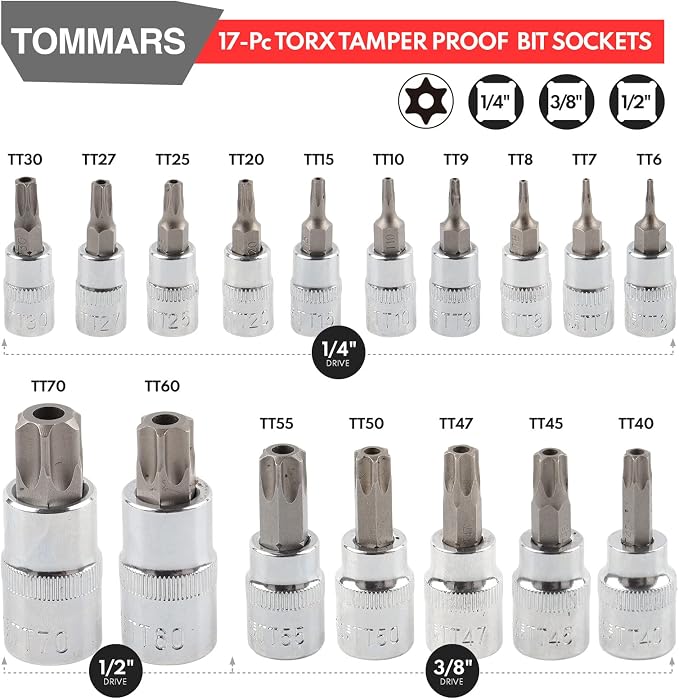 TOMMARS 14-PC Long Torx Bit Socket Set T10-T70 & 60-Pc Master Torx Bit Socket and External Socket Set