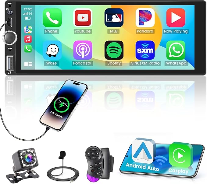 Inefala 6.86" Wireless Carplay Single Din Car Stereo Touchscreen Car Radio Bluetooth 5.0 Android Auto FM RDS EQ SWC Car Audio Receiver USB Type C Fast Charge MIC Backup Camera