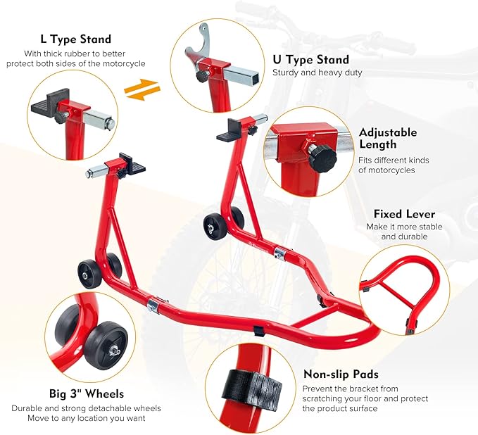 Donext Motorcycle Stand 850LB Sport Bike Rear Wheel Lift Swingarm Paddock Stands Red, Fit for BMW Yamaha Honda Kawasaki Suzuki, with U+L Forks