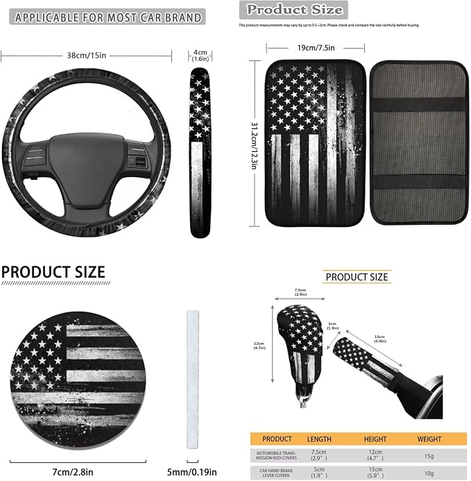 Lotusorchid American Flag Print Car Seat Covers, Including Universal and Anti-Slip Steering Wheel Cover Car Armrest Box Pad Vehicle Seat Belt Pad Auto Headrest Cover for Most Vehicles