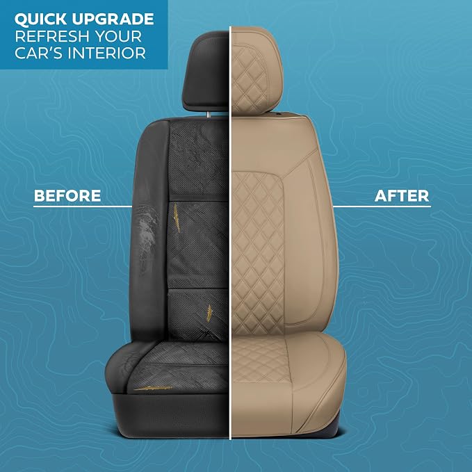 MotorBox Haven Series Napa Leather Seat Covers for Cars, Lux Edition Diamond Stitched Front Seat Covers, Premium PU Leatherette Beige Car Seat Covers for Cars Trucks SUVs