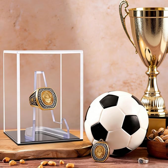 Clear Acrylic Championship Ring Display Case with Black Base, Memorabilia Stand Cube Holder, Dust Protective Transparent Storage Box for Single Rings Souvenir Ring Collections