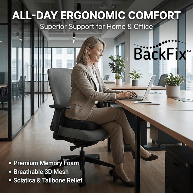 BackFix Max Comfort Extra Thick Orthopedic Doctor Designed Memory Foam Seat Cushion. Extra Thick Pressure Relief for Office Chair, Car Seat, Tailbone Sciatica Pain Relief, Black