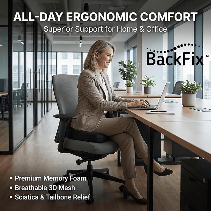 BackFix Extra Thick Cooling Gel Top Orthopedic Doctor Designed Memory Foam Seat Cushion. Extra Thick Pressure Relief for Office Chair, Car Seat. Tailbone Sciatica Pain Relief, Black