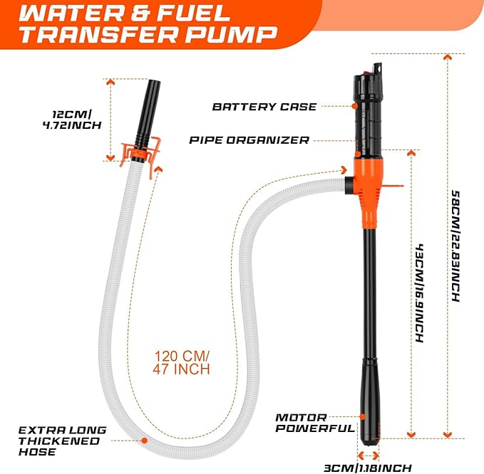 Portable Transfer Pump Battery Operated Electric Siphon Pump for Gas, Fuel, Diesel, Water Transfer 2.4 GPM Flow Oil Extractor, 47 Inches Hose-Easy to Use Hand Fuel Pump, Multi-Use Siphon Transfer Pump