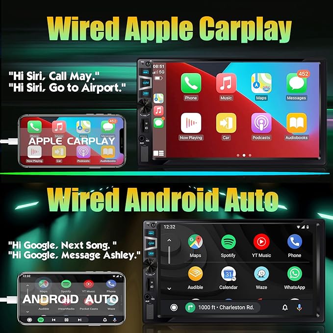 New Double Din Car Stereo with Wireless CarPlay & Android Auto, 7 in HD Car Radio with Bluetooth, USB/SD/AUX Input, FM, SWC, Subwoofer Support -HD Touchscreen Radio for Seamless Car Audio Integration