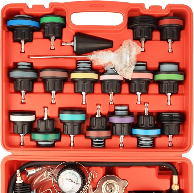 DAYUAN 28Pcs Universal Radiator Pressure Tester Kit, Coolant Vacuum Refill | Coolant Pressure Tester Set, for Cooling System, 0-35 PSI Pressure Testing，Vacuum Purge & Refill, Fits Most Vehicles，Red Case