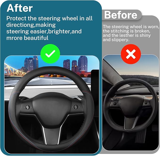 Leather Steering Wheel Cover Custom-Fit for Tesla Model 3/Y 2016-2026, Comfort Grip Design Breathable and Non-Slip, Model 3/Y Car Steering Wheel Protector, Tesla Accessories,Black(C-Style, for Tesla)