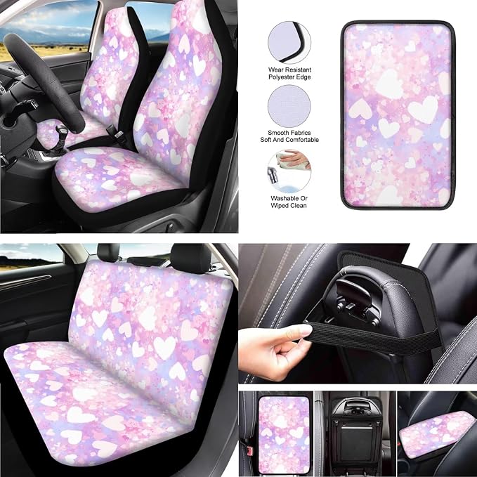 13 Pcs Love Heart Car Seat Cover, Pink Heart Shape Universal Fit Car Front Rear Seat Covers, Romantic Couple Automotive Cup Holder Coaster Seat Belt Covers