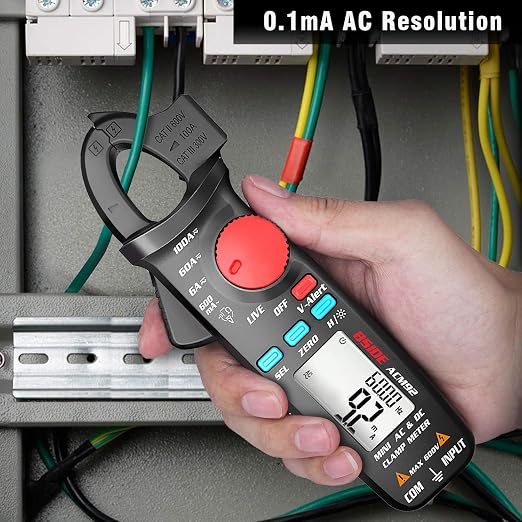 DC Current Clamp Meter 6000 Counts Auto-Ranging Digital Ammeter Amp Ohm Hz Live Check V-Alert Voltage Tester with Back Clip