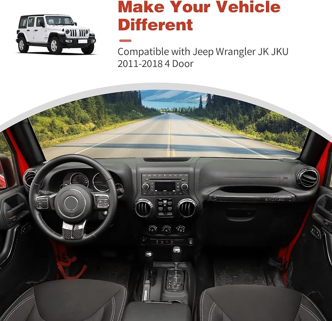 CheroCar 18PCS Interior Trim Kit for Jeep Wrangler JK JKU 2011-2018 4 Door,Steering Button Frame, Air Conditioning Vent Trim Cup Holder Cover,Gear Shift Knobs Frame,Carbon Fiber…