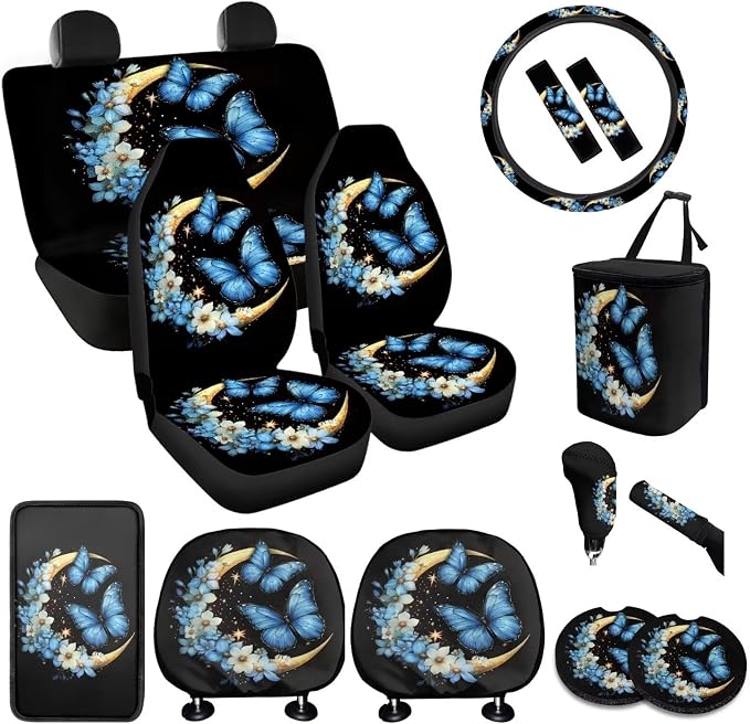 BIGCARJOB 15 Pcs Butterfly Car Interior Sets Moon Butterfly Car Seat Cover Full Set Vehicle Bucket Seat Cover Full Set Trash Can Car Seat Headrest Pillow Cover Seat Belt Pads