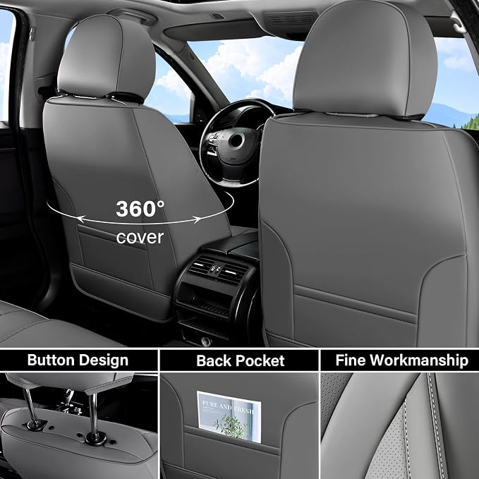 Coverado Waterproof Nappa Leather Car Seat Covers, Automotive Seat Covers Fullset, 5 Seat Car Seat Cushion & Car Seat Protector, Gray Front and Rear Covers Universal Fit for Most Cars, SUVs, Trucks