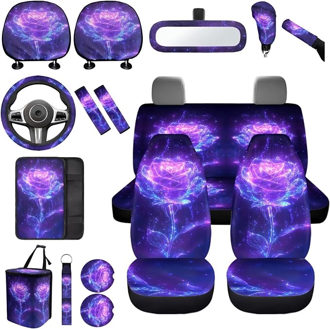 17Pcs Purple Rose Car Seat Covers Full Set with Front and Split Rear Bench,Dreamy Rose Head Rest Covers,Vehicle Trash Bag Car Interior Accessories for Women Universal Fit,Car,Truck,SUV,Van