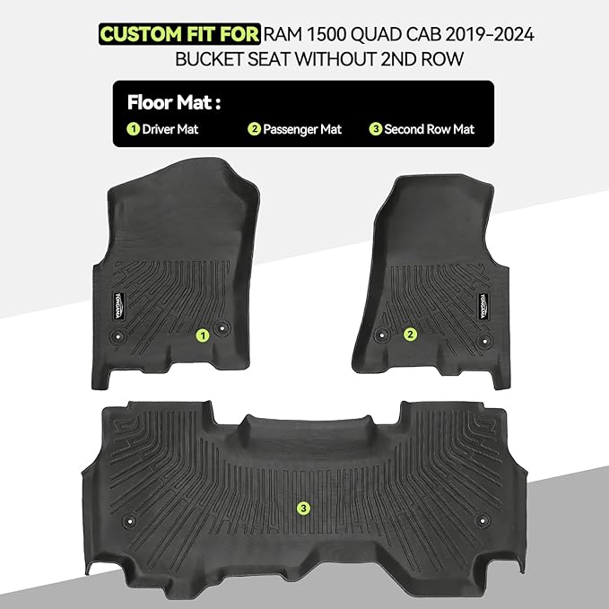 Tongama-Floor Mats for Dodge Ram 1500 Quad Cab 2019-2024 Bucket Seat Without 2nd Row Under Seat Storage(Not Fit 1500 Classic Model/Crew Cab) - All Weather for Dodge Ram 1500 Floor Mats Accessories9