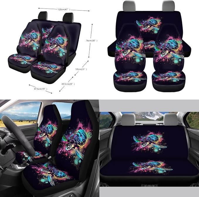 Turtle Paint Splatter Pattern 10 Pcs Car Seat Covers Full Sets Anti-Slip Steering Wheel Cover and Car Trash Bin with Car Air Vent Storage Cup Holders Lanyard Keychain for Automobile Interior