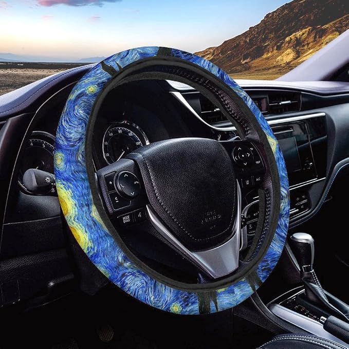 Xoenoiee Universal 11 Pack Car Seat Cover Front & Rear Protector SUV Car Full Set for Women with Steering Wheel Cover + Seat Belt Cover+ Cup Coasters+ Key Chains - Van Gogh Starry Night