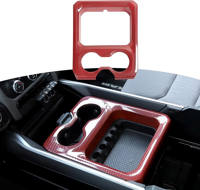 RT-TCZ for RAM Center Console Cup Holder Storage Box Trim Cover Frame for Dodge RAM 2018-2023 Red Carbon Fiber Interior Accessories