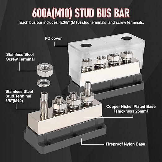 600A Bus Bar Power Distribution Block 12-48V Terminal Block 4x3/8(M10) Studs Marine Battery Bus Bar with Waterproof Cover Quick Mount for Automotive Car Boat Solar System (Black) ﻿