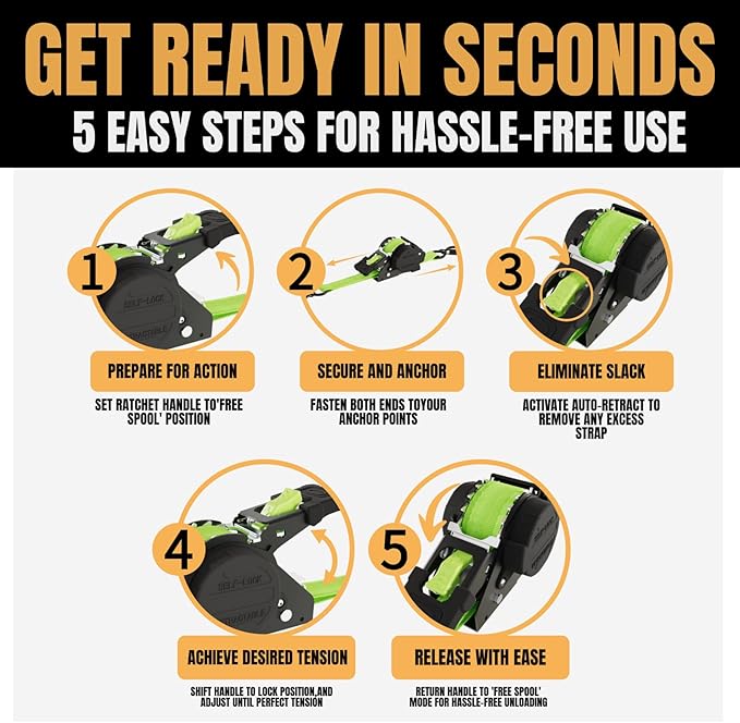 Retractable Ratchet Strap (Neon Green, 4Pack)