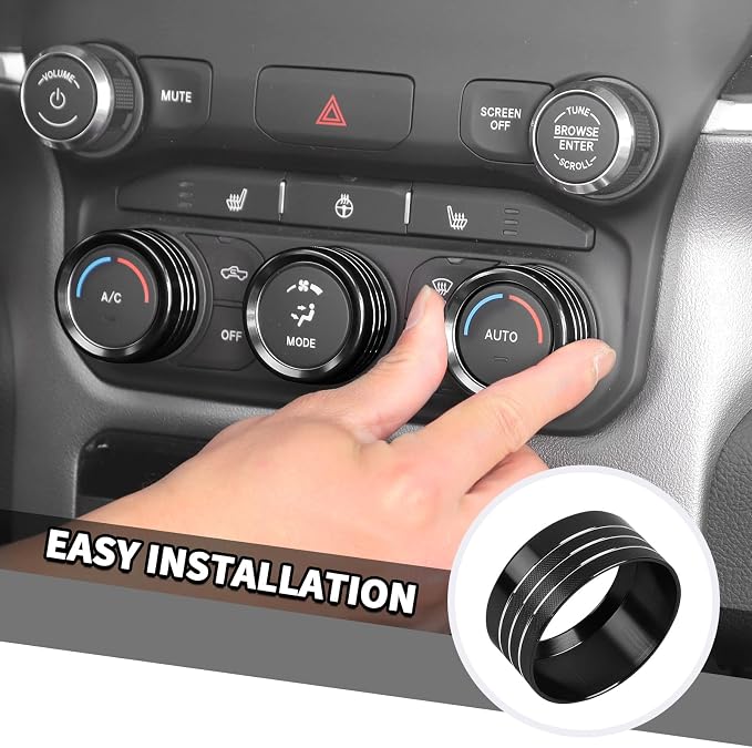Jimen for Ram Center Console Knob Covers, 7PCS AC Air Conditioner Audio Volume Button & Headlight Switch & 4WD Shifter Knob Ring Trim Fit for Dodge Ram 2018-2025 (Black)