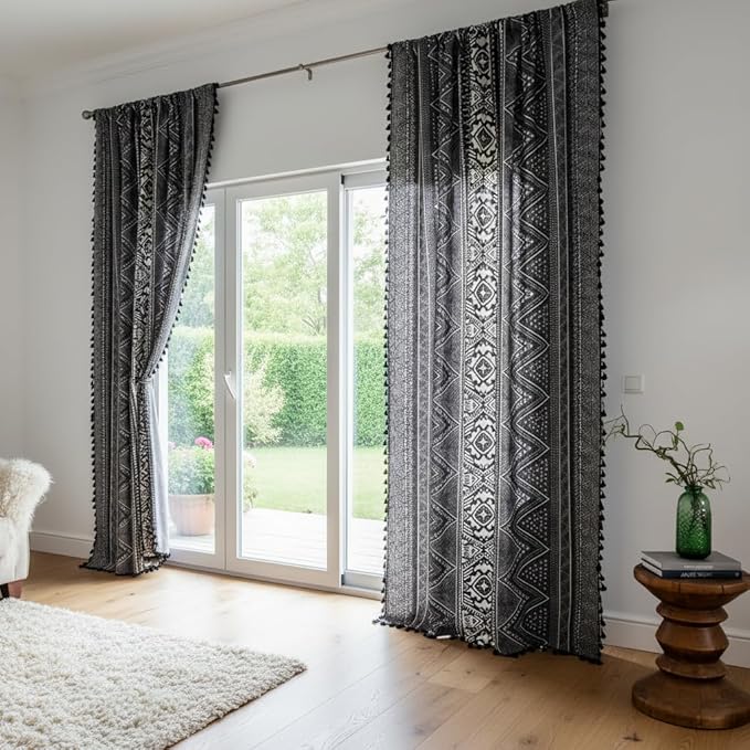 ColorBird Boho Curtains Grey Farmhouse Light Filtering 84 Inches 2 Panles MCM Western Striped Aztec Window Treatment Patterned Drapes for Living Dining Room Bedroom Boho Chic Decor