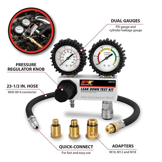 Performance Tool W89749 Cylinder Leak Down Tester Kit - Accurate Diagnosis for Engine Health, Includes Dual Gauges and Quick-Connect Fittings