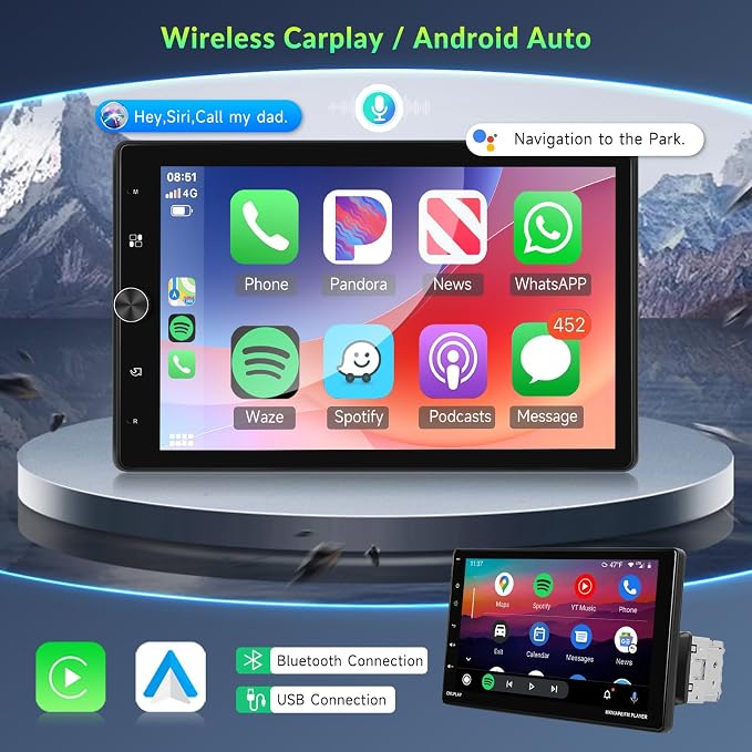 10.4" Single Din Touchscreen Car Stereo with Wireless Carplay& Android Auto, Adjustable Car Radio with Bluetooth, Mirror Link, FM Radio, Subwoofer, SWC, Backup Camera