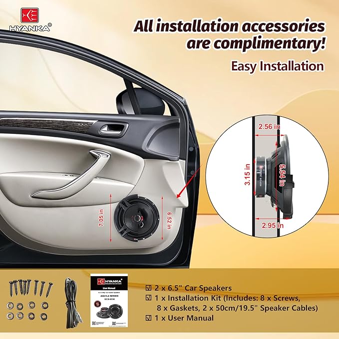 H YANKA ECS-65M 6.5" Car Door Speakers, 350W Peak Power, 2-Way Coaxial Full-Range Stereo, Clear Sound, Low Distortion, with Install Kit, Ideal for Cars, Trucks, Jeeps (1 Pair)