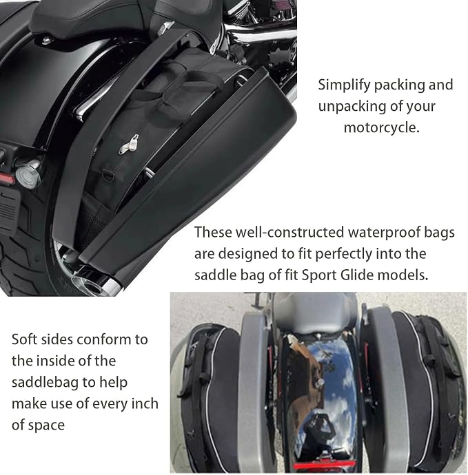 VITINO Motorcycle Saddlebag Liner Bags for Harley Softail Black 2 Packs | Fit for Sport Glide FLSB 2018-2021 Low Rider ST FXLRST 2022-2026| Waterproof Soft Luggage Organizer with Heavy-Duty Zippers