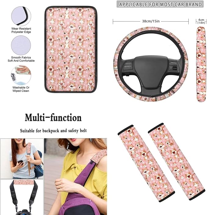 Mumeson Cute Cats Womens Car Accessories Decor Set Car Seat Covers Set with Steering Wheel Cover/Seat Belt Shoulder Pads/Armrest Cushion for Car Auto Interior Decor