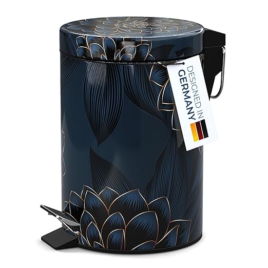 Sanilo Small Bathroom Trash Can with Lid [1.3 Gallon] - Lidded Tiny Trashcan for Garbage - Mini Metal Bin with Soft Closing Mechanism - Bath Room Accessoire Wastebin with Inner Bucket (Dahlia)
